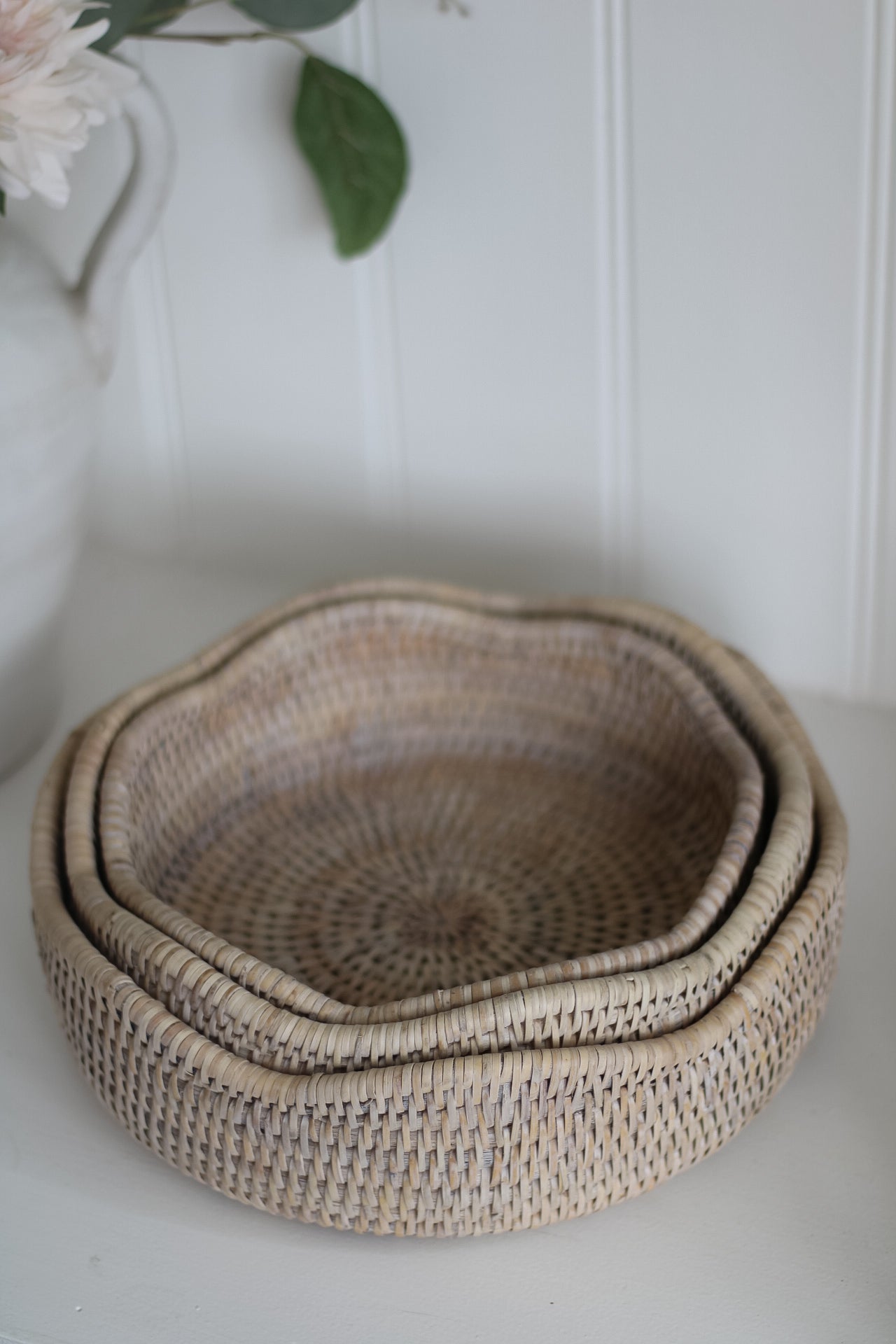 White Washed Rattan Scalloped Decorative Bowl