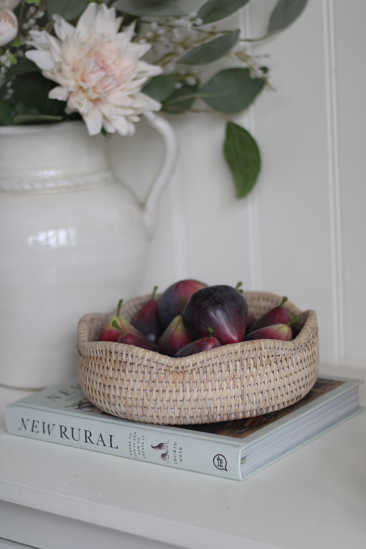 White Washed Rattan Scalloped Decorative Bowl