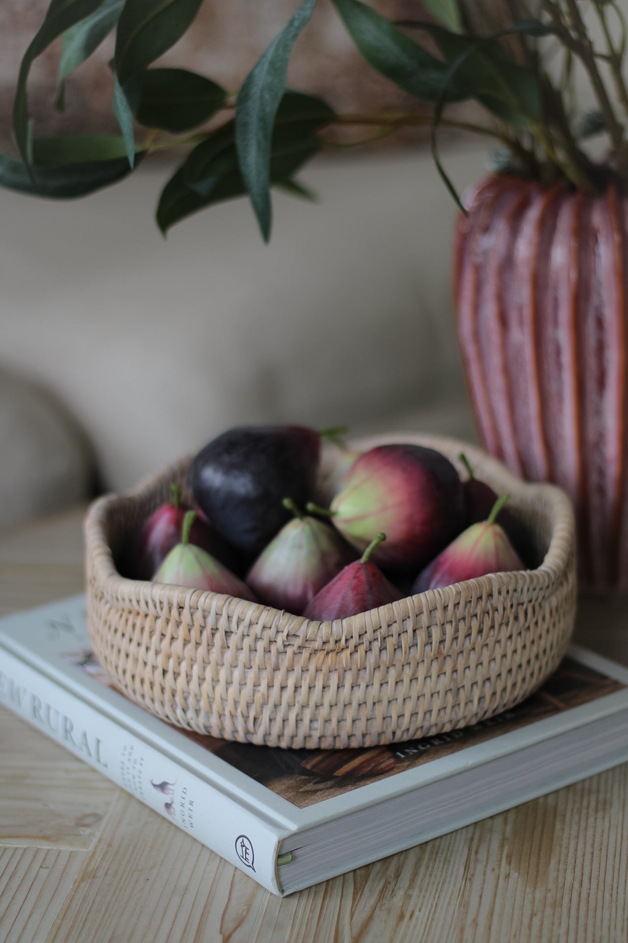 White Washed Rattan Scalloped Decorative Bowl