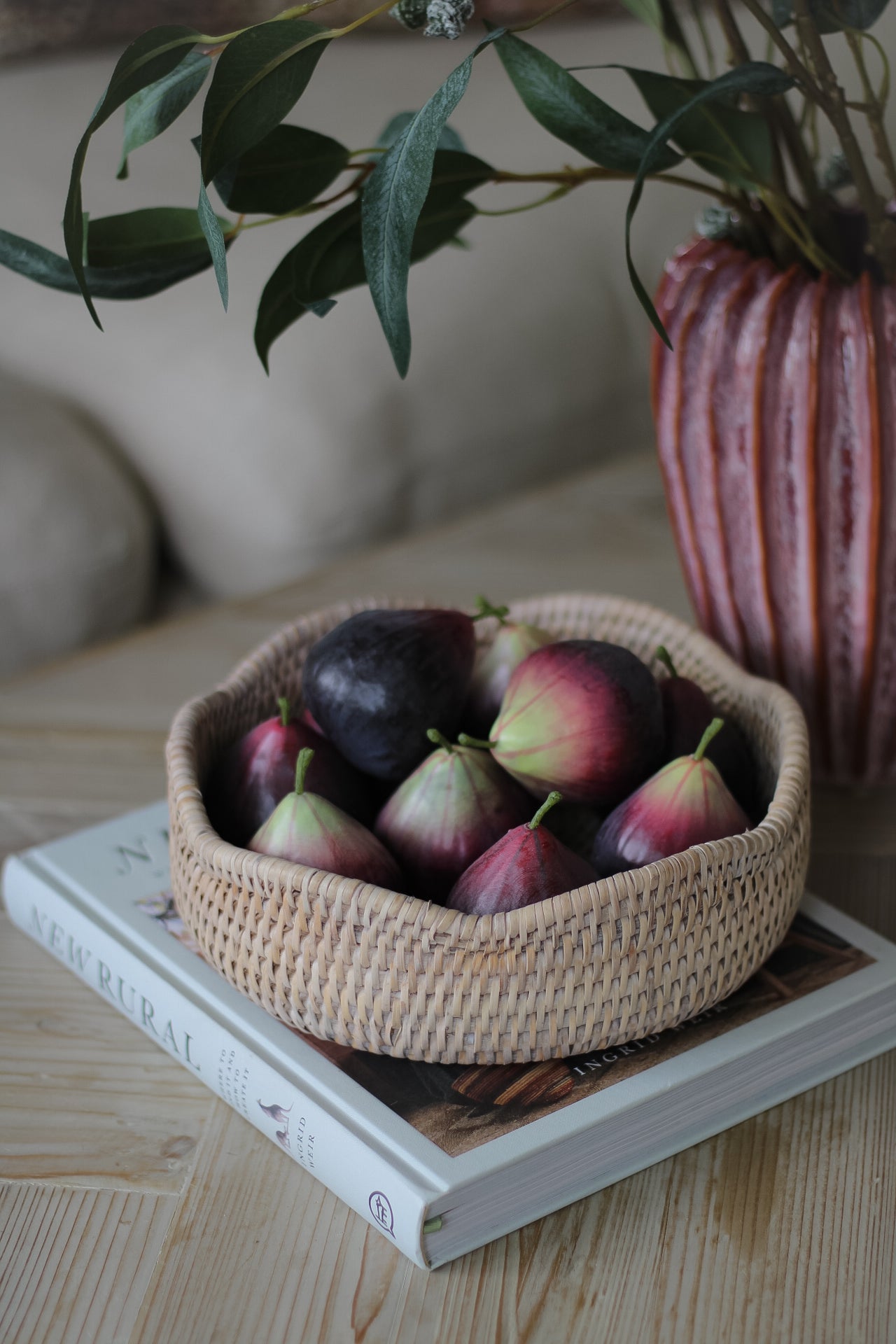 White Washed Rattan Scalloped Decorative Bowl