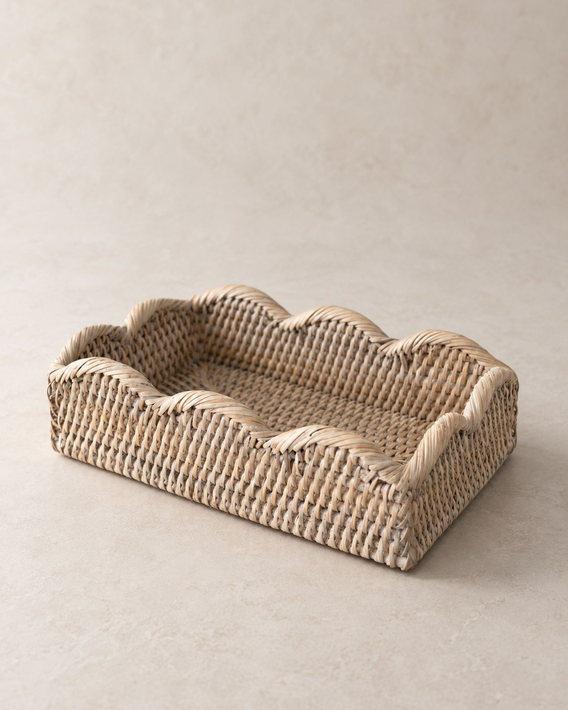 White Washed Rattan Scalloped Rectangular Tray