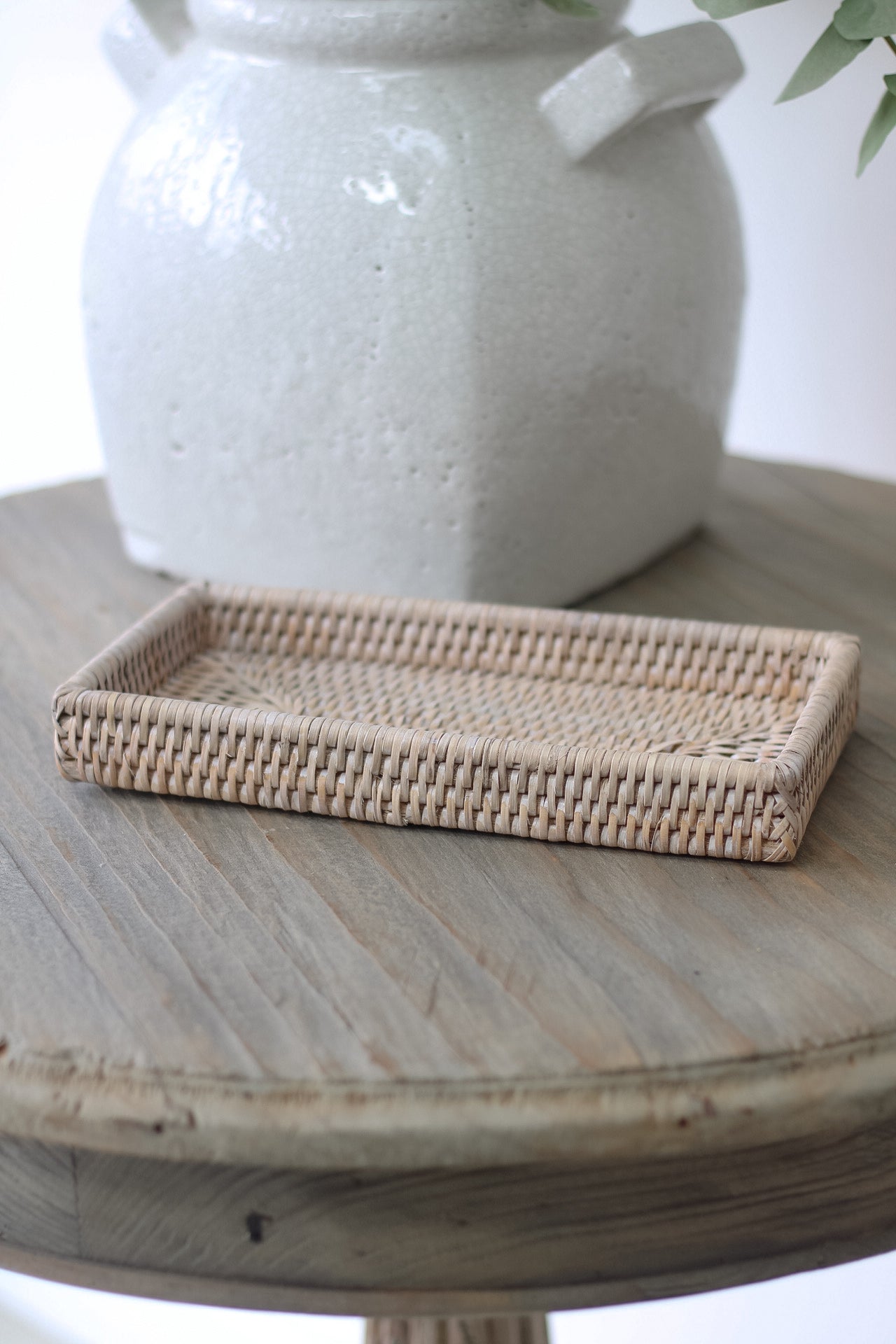 up close of White Washed Rattan Small Rectangular Tray