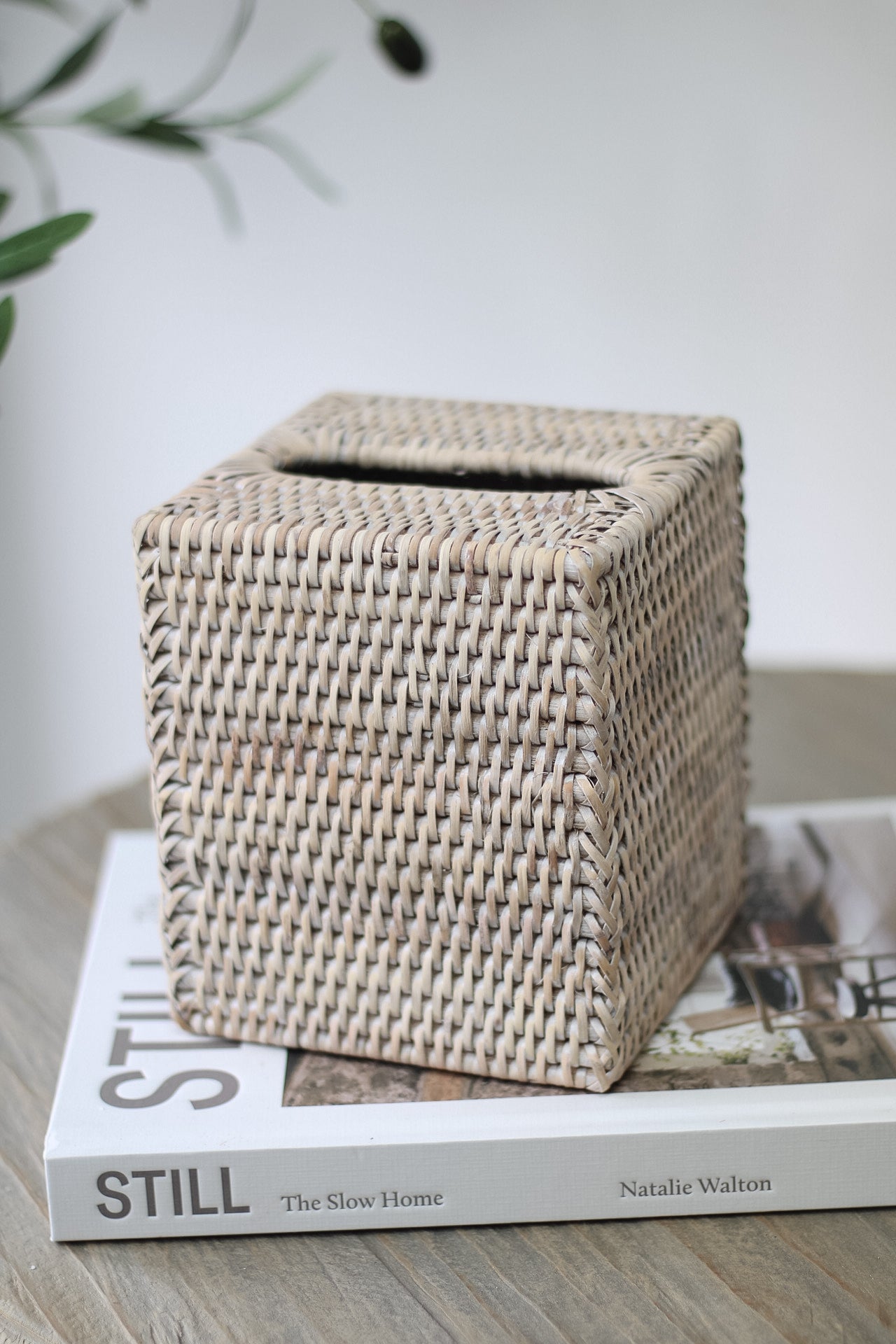 White Washed Rattan Square Tissue Box