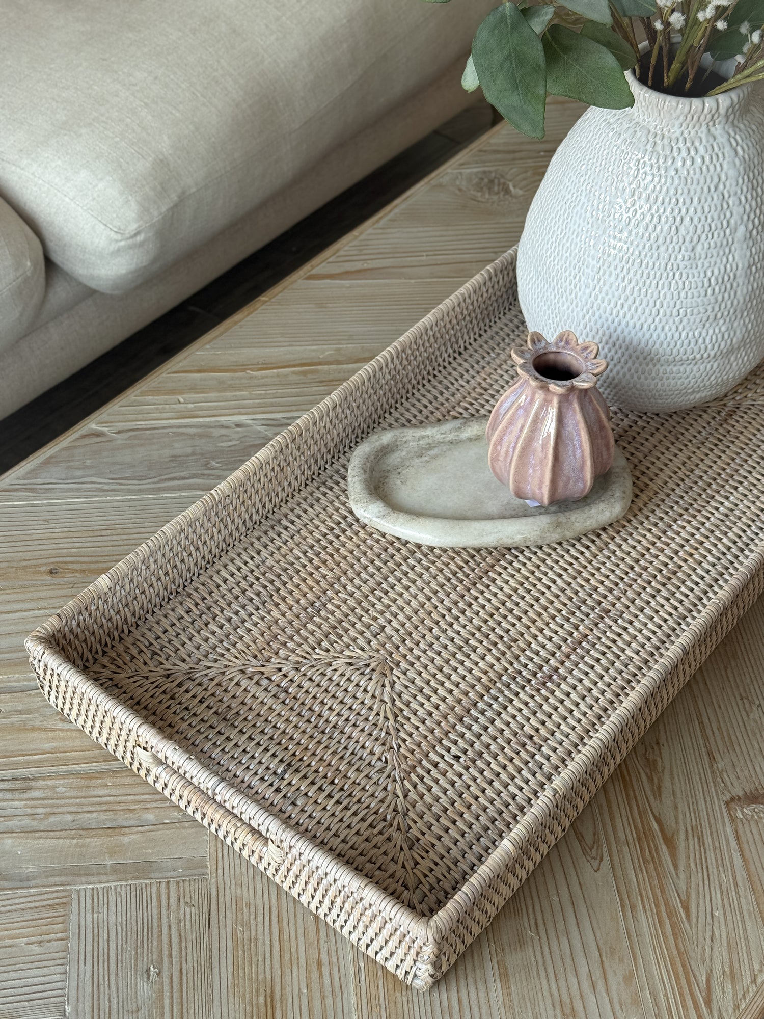 White Washed Rectangular Ottoman Rattan Tray