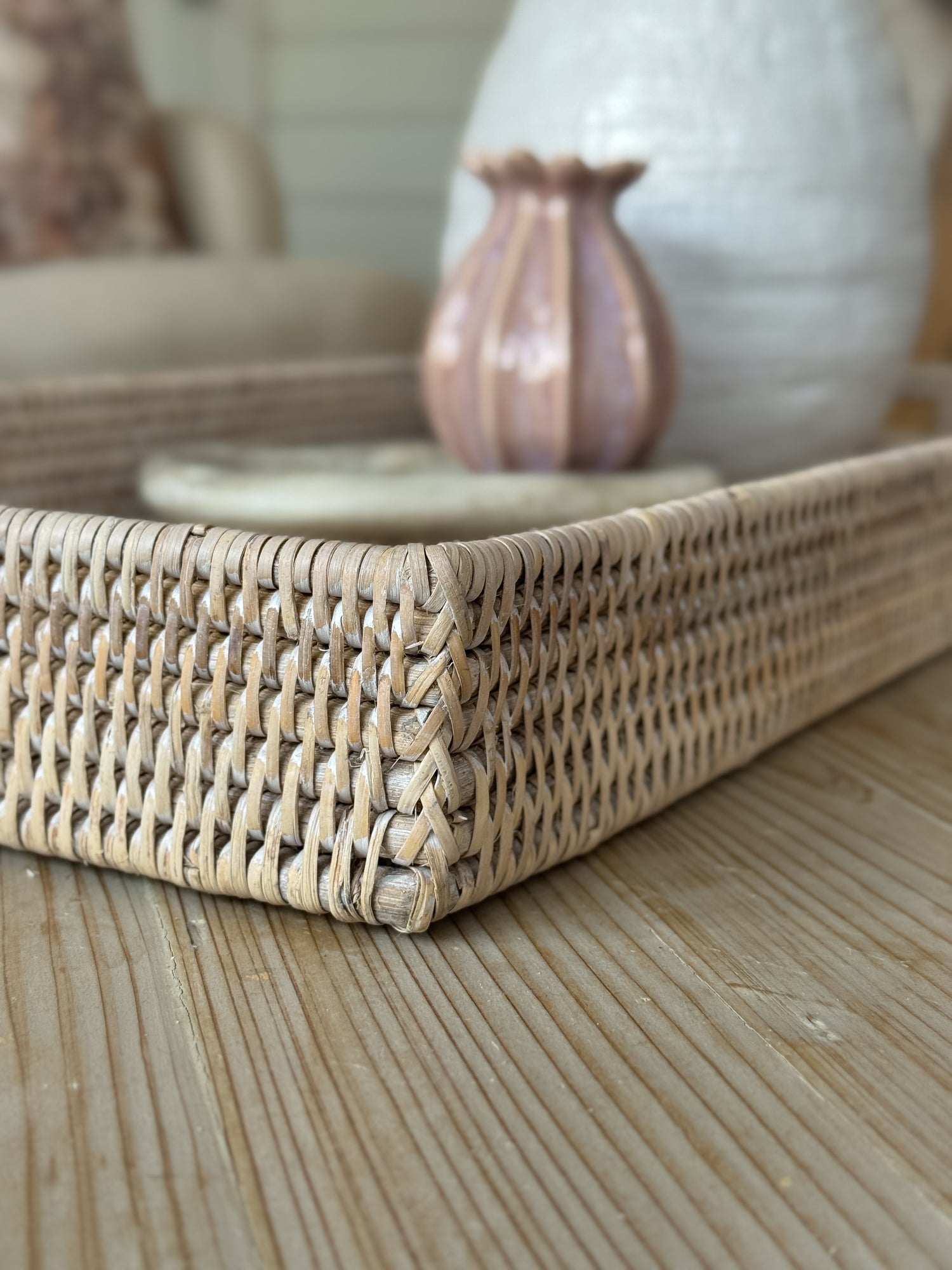 White Washed Rectangular Ottoman Rattan Tray