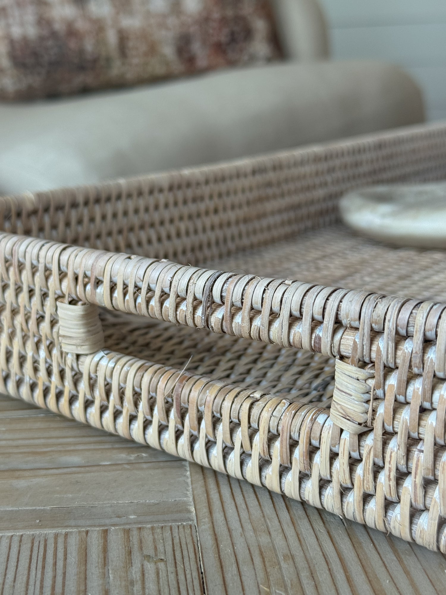 White Washed Rectangular Ottoman Rattan Tray