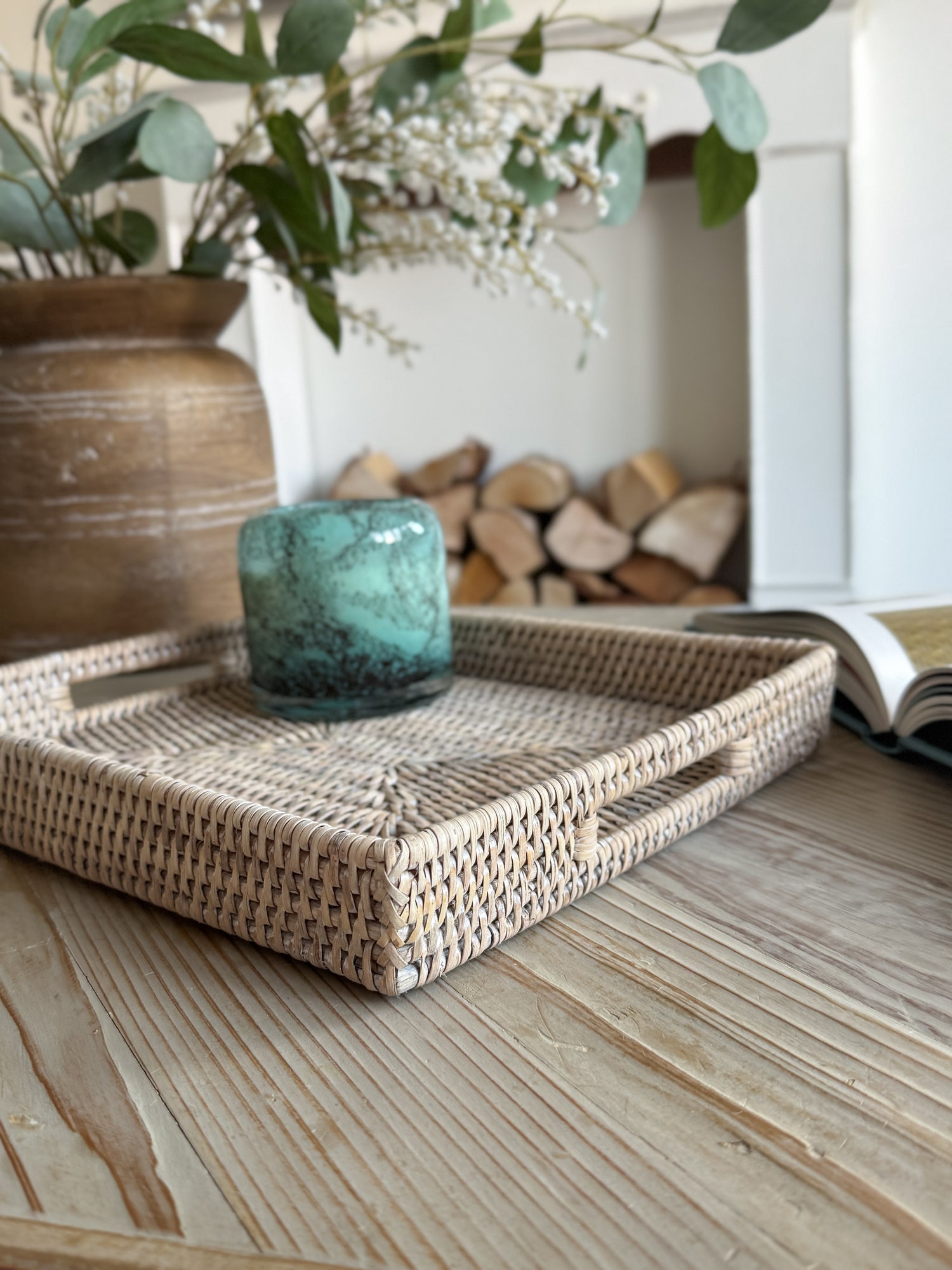 White Washed Rectangular Rattan Tray