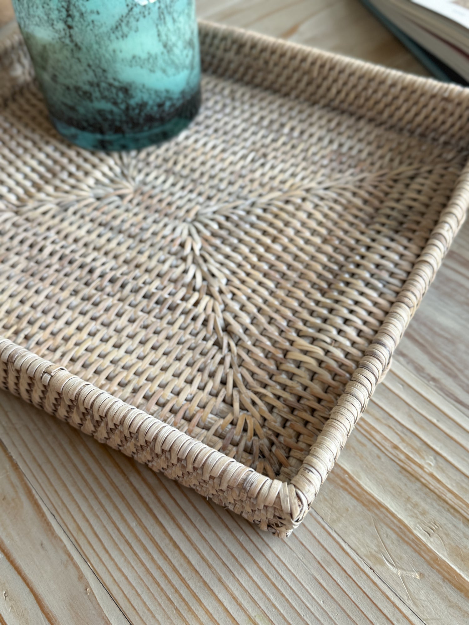 White Washed Rectangular Rattan Tray