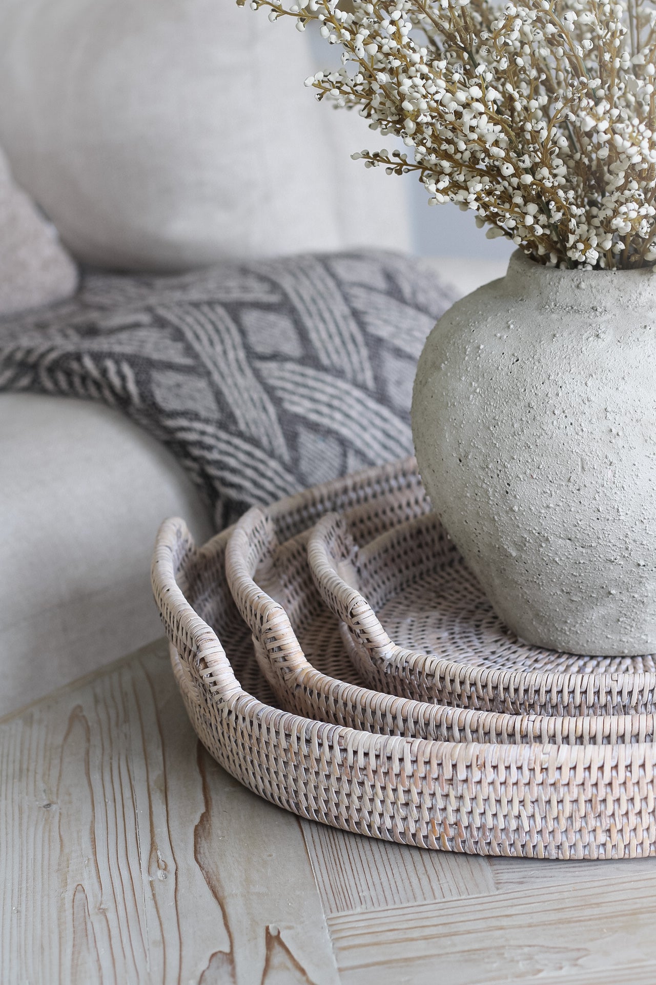 White Washed Round Rattan Tray with Handles