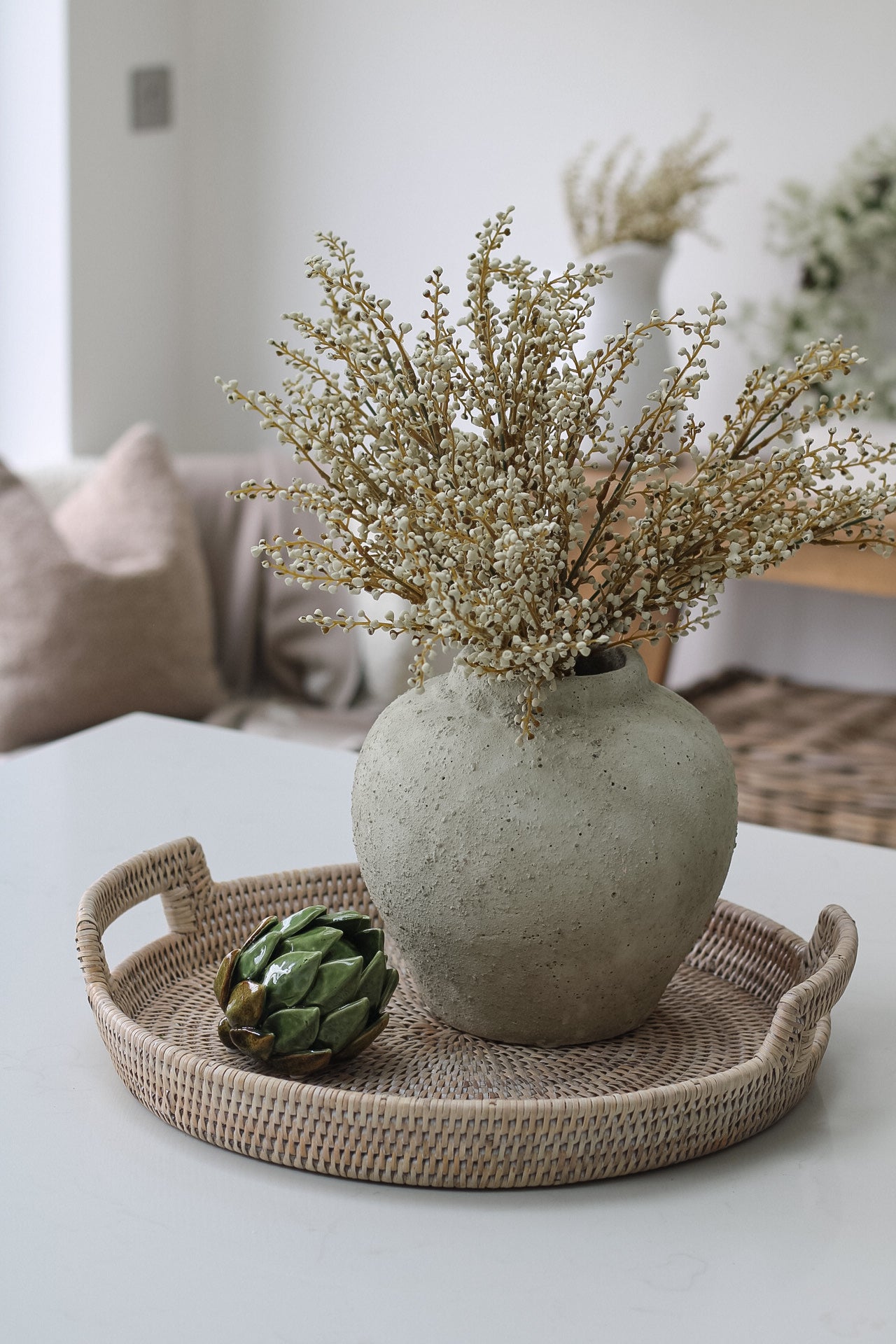 White Washed Round Rattan Tray with Handles