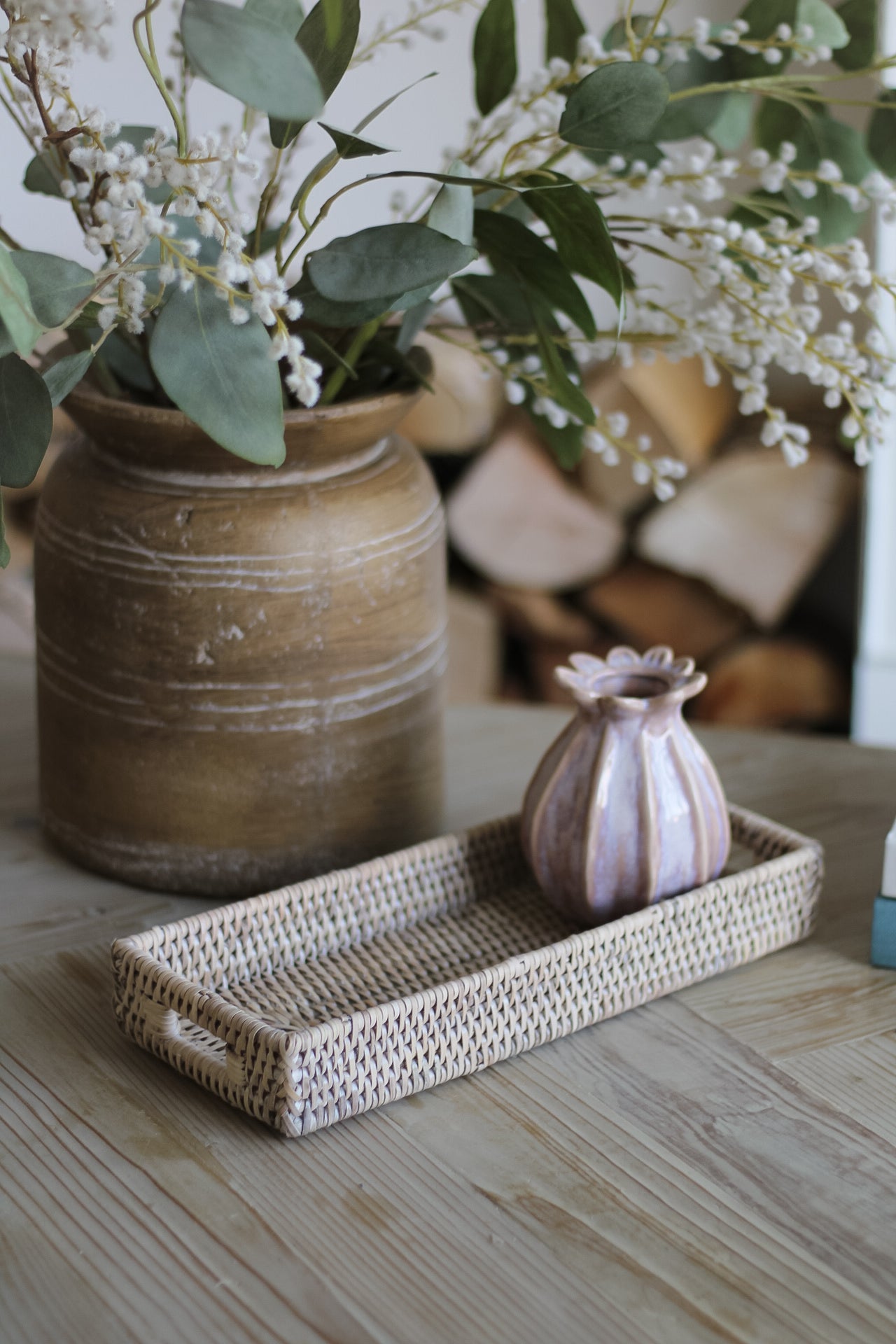 White Washed Slim Rattan Tray
