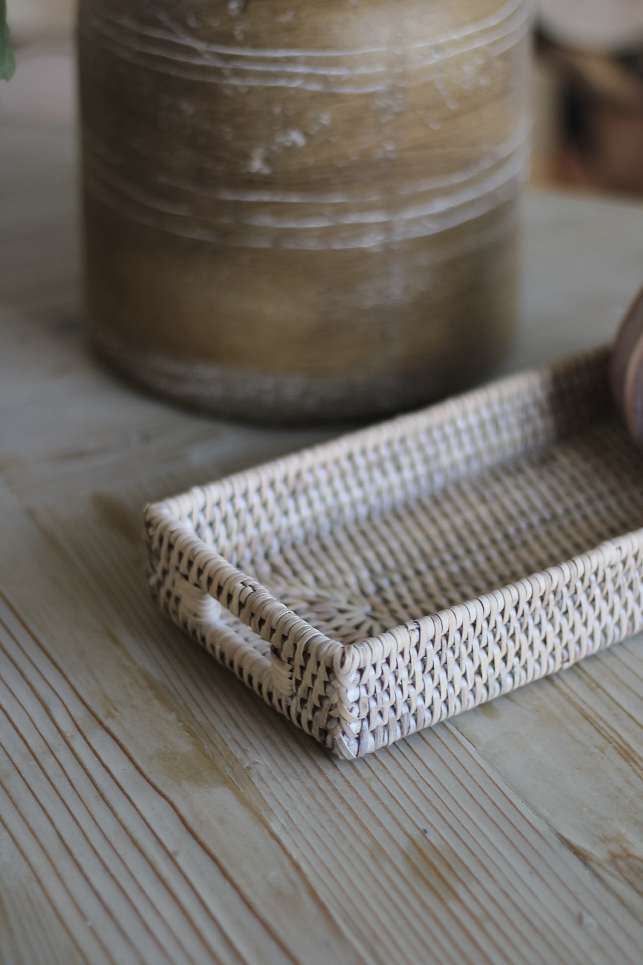 White Washed Slim Rattan Tray