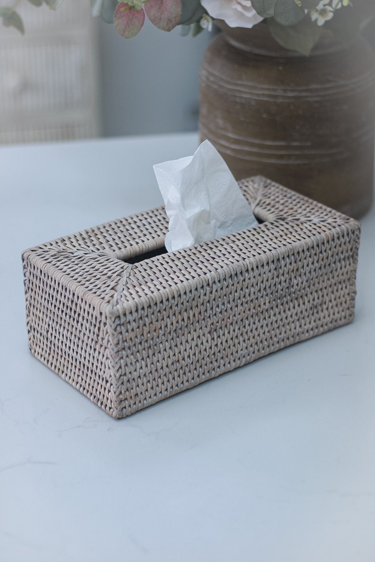 side view of rattan tissue box cover