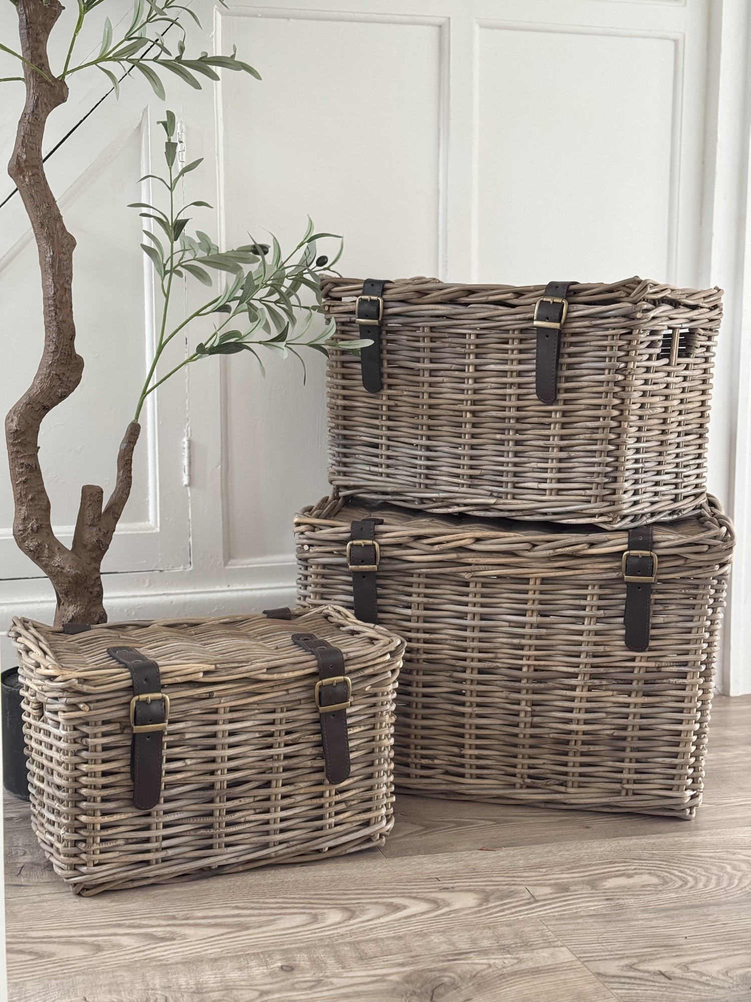 Wicker Storage Trunk with Leather Straps and Cut Out Handles