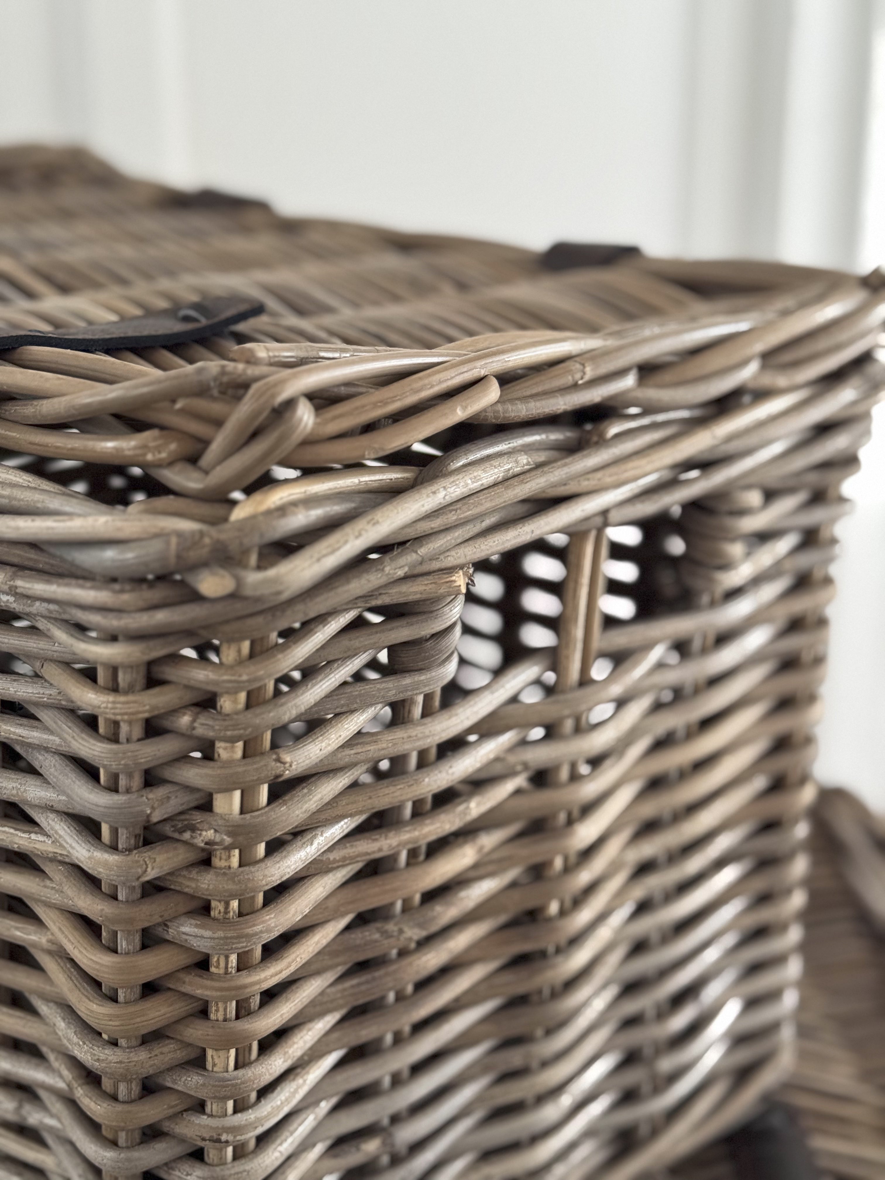 Wicker Storage Trunk with Leather Straps and Cut Out Handles
