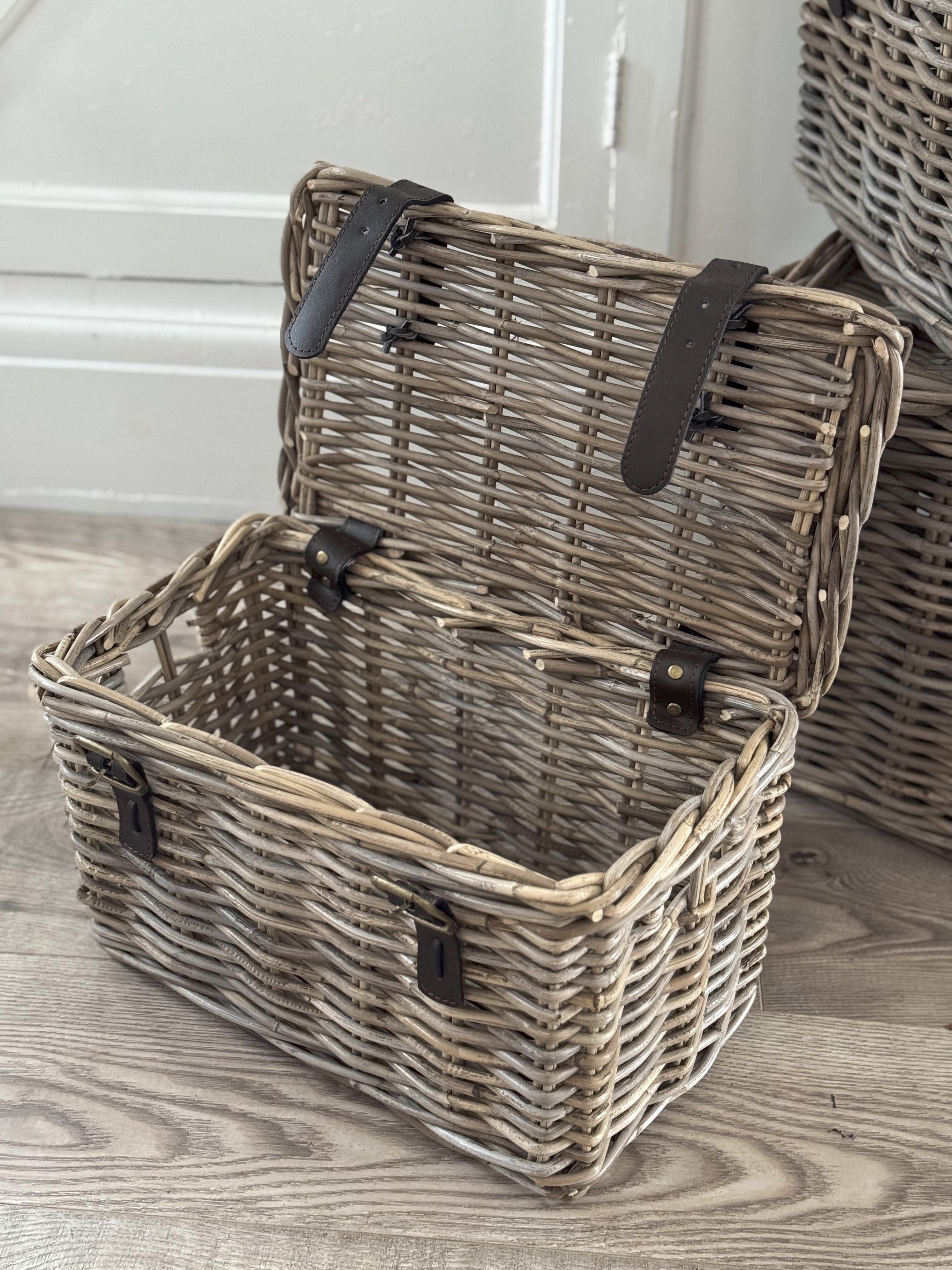 Wicker Storage Trunk with Leather Straps and Cut Out Handles
