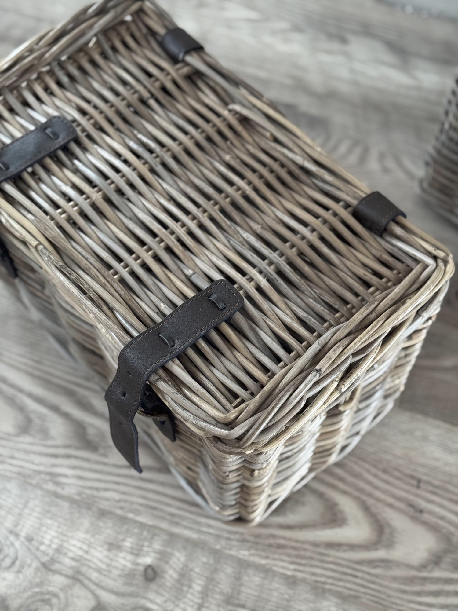 Wicker Storage Trunk with Leather Straps and Cut Out Handles