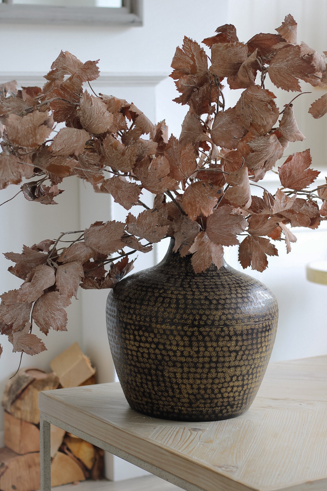 Woburn Hammered Metal Pot. Rich patina earth brown metal vase perfect for creating a statement in your home decor.