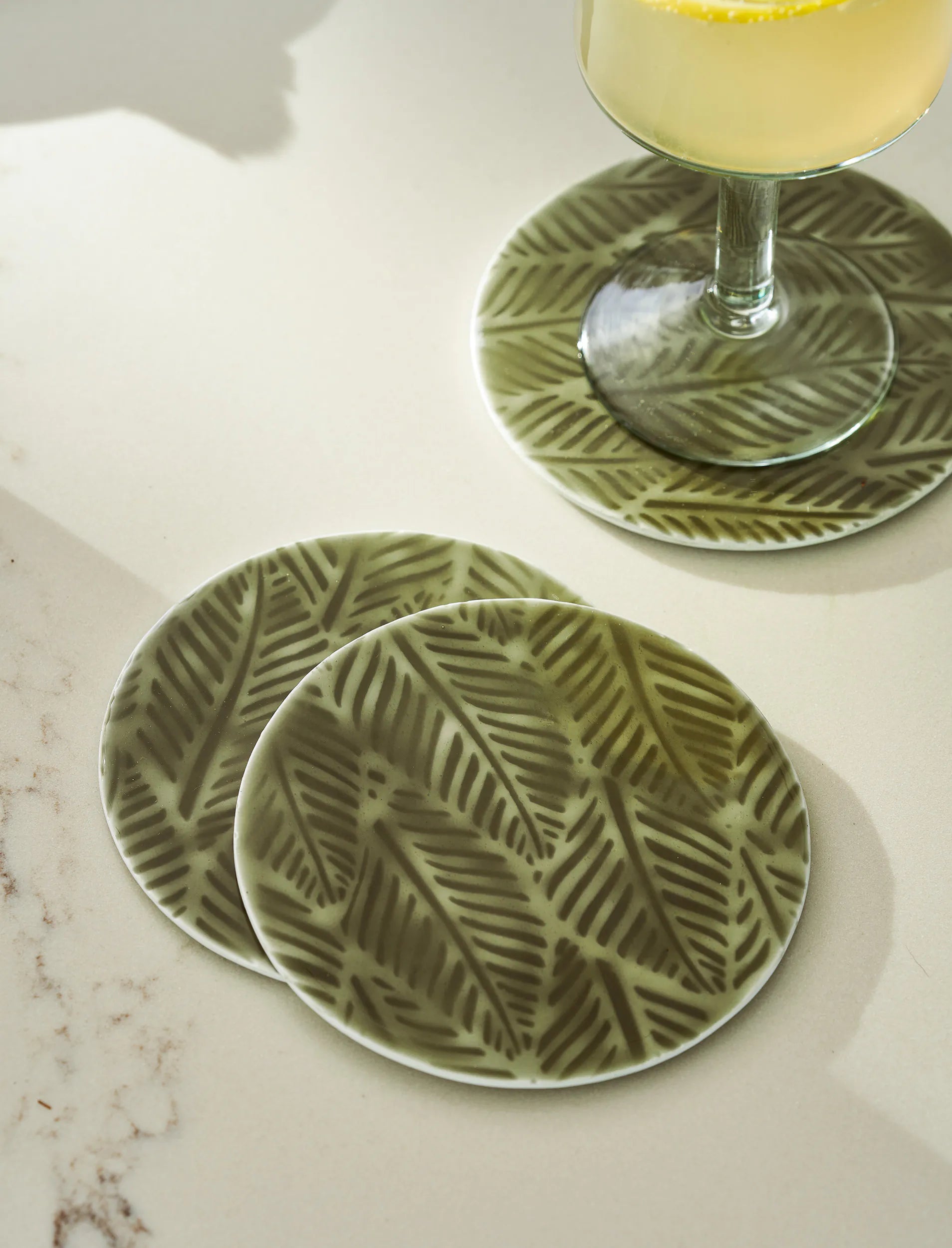 Moss Green Round Leaves Coasters | Set of 4
