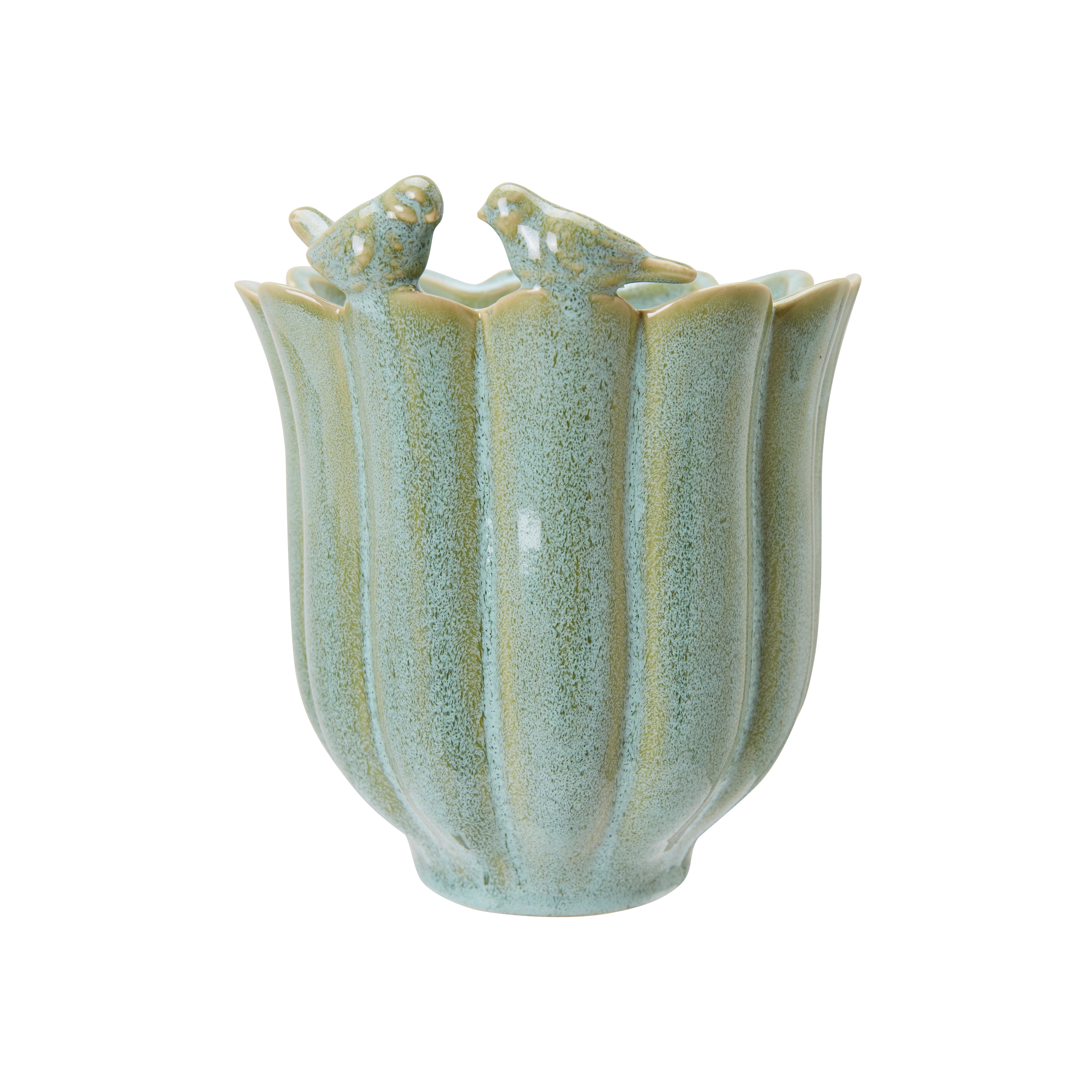 Ceramic vase with a textured surface and two small bird figures on a white background for home decor