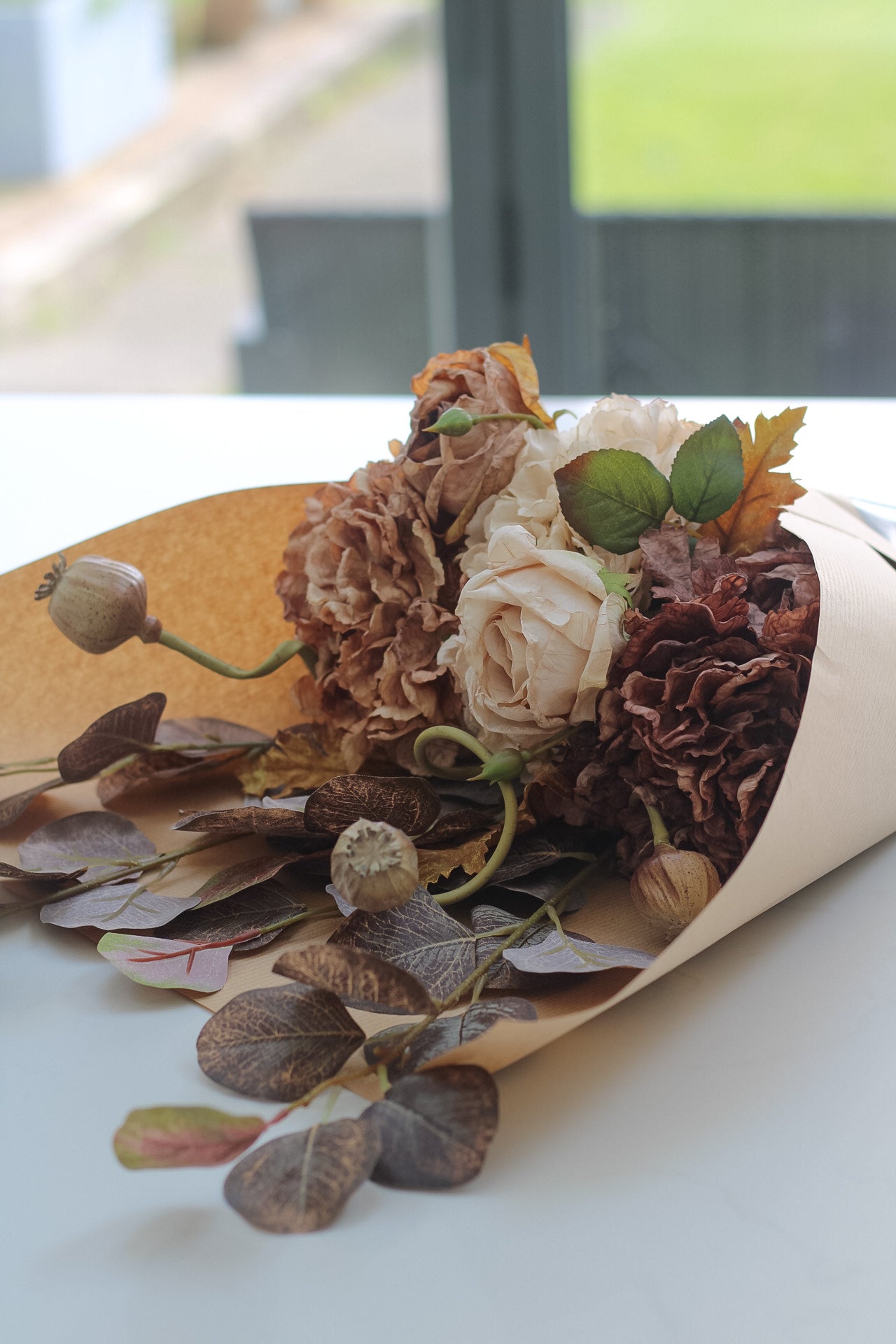 faux autumn hydrangeas and roses