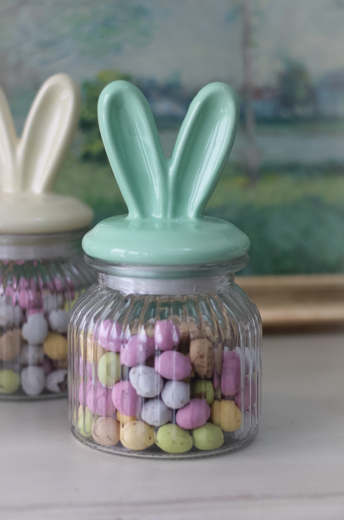 green Ceramic Bunny Ears Lidded Glass Jar