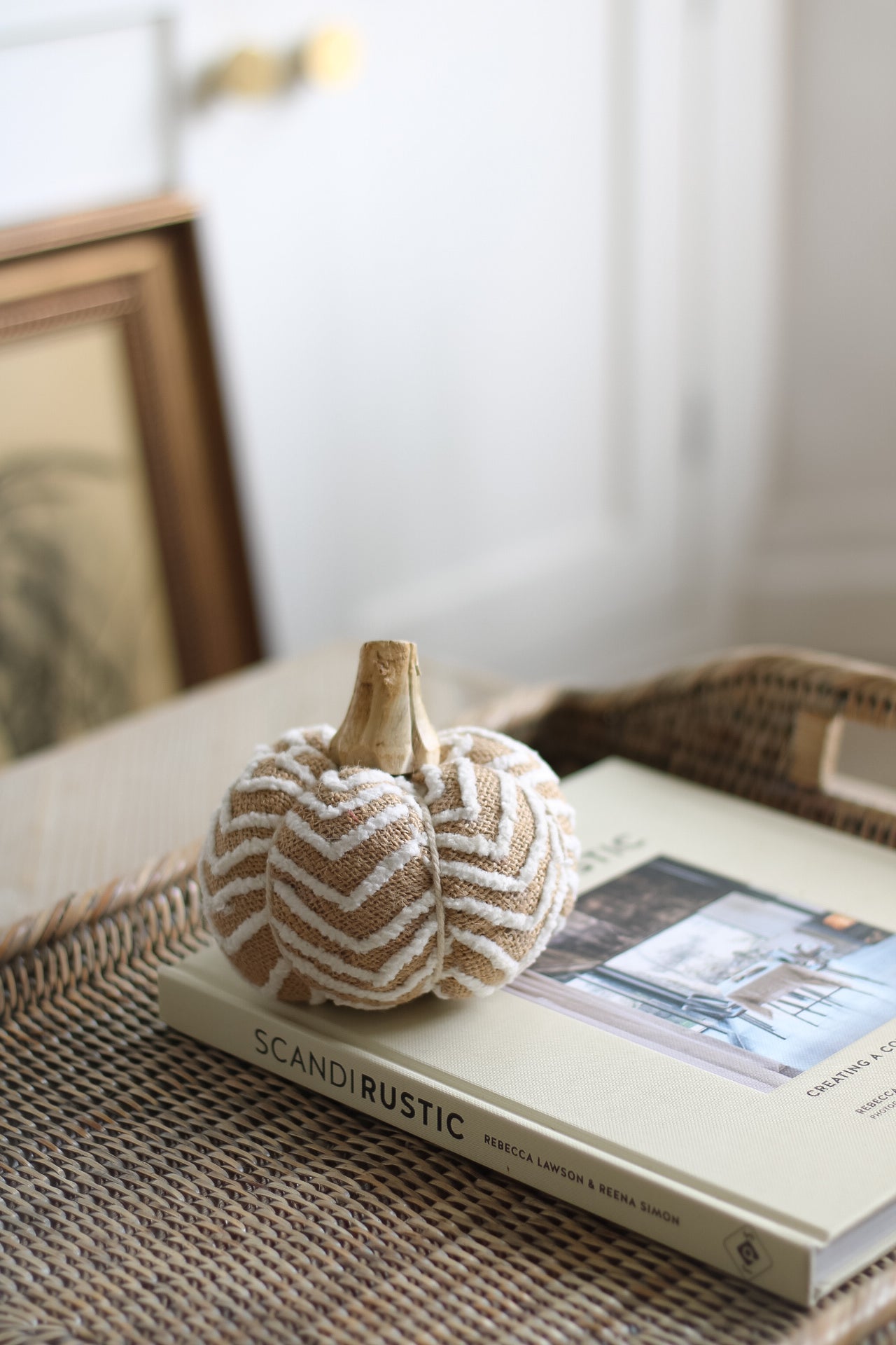 herringbone neutral fabric pumpkin with wooden stalk
