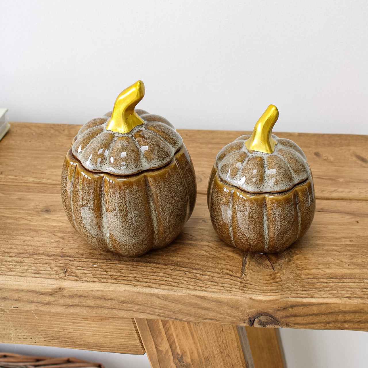 Brown & Grey Flecked Pumpkin Jar with Gold Stalk