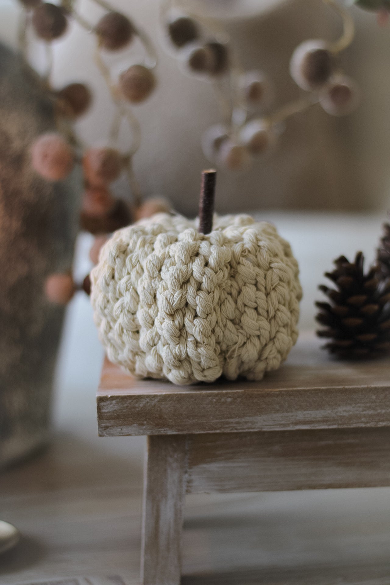 braided cream fabric pumpkin with natural twig stalk