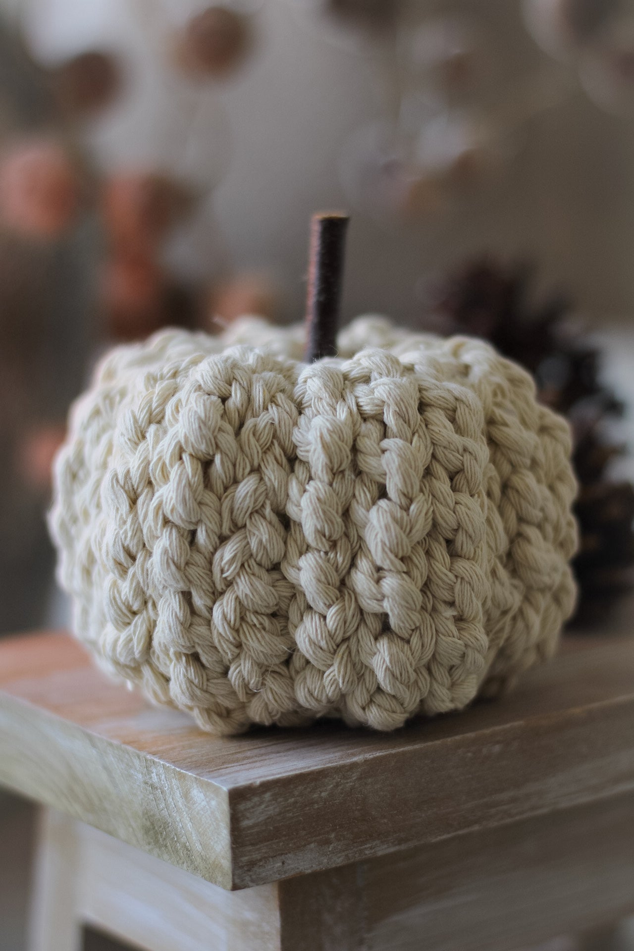 autumn home decor inspired braided fabric cream pumpkin with natural twig stalk