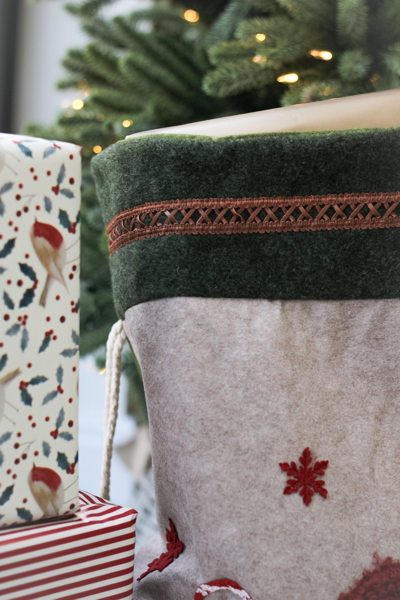 up close of jolly santa present sack