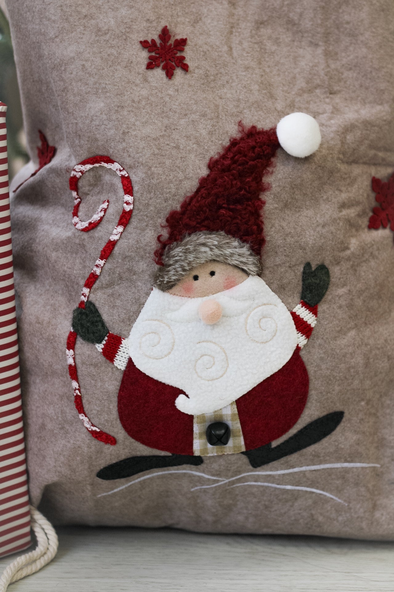 up close of jolly santa present sack