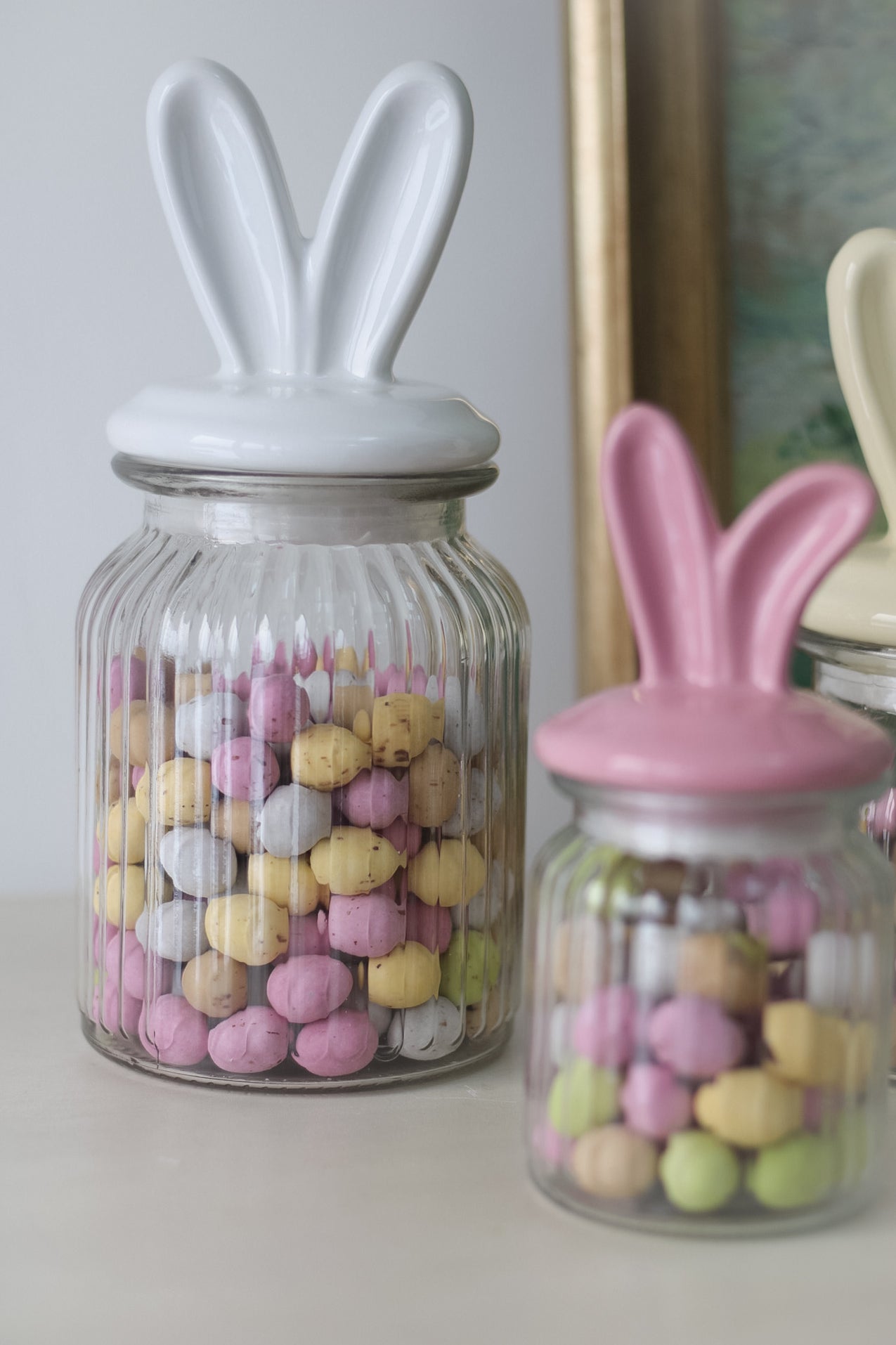 white Ceramic Bunny Ears Lidded Glass Jar