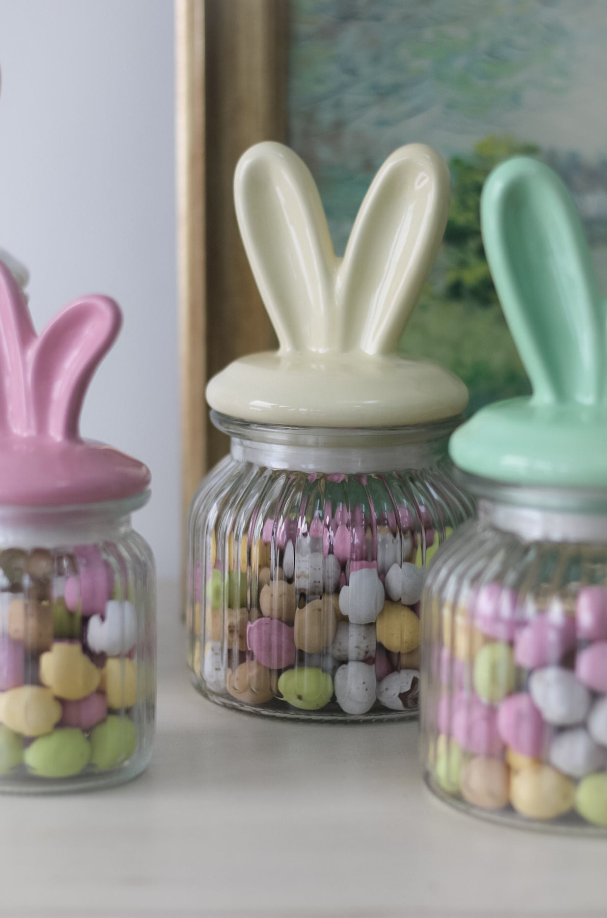 yellow Ceramic Bunny Ears Lidded Glass Jar