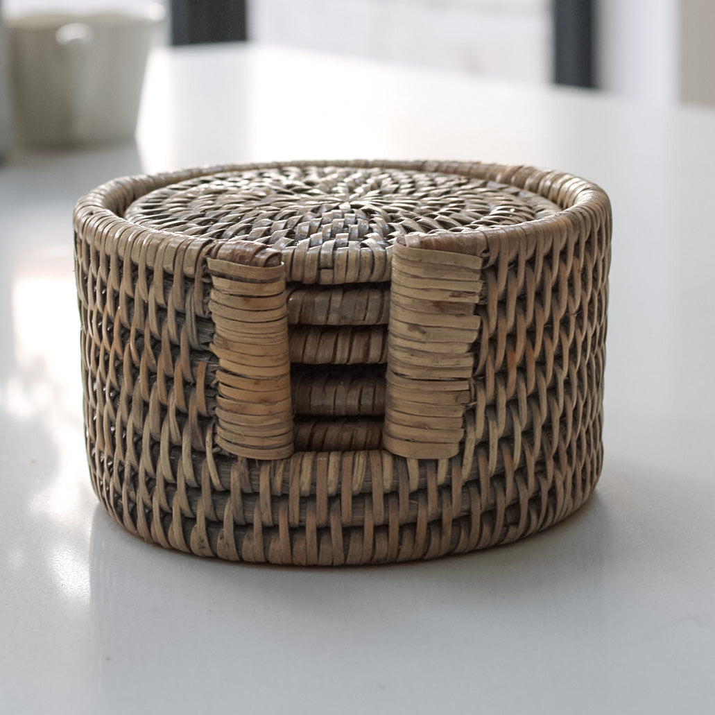 Grey Washed Rattan Coasters set of 6 in holder