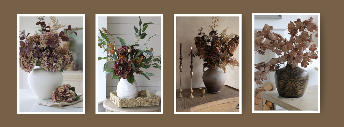 Faux autumn flowers arranged in a vase on a hallway console table