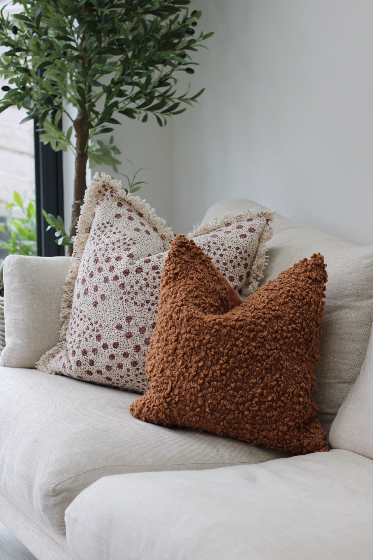 Ginger Boucle and Pecan Woven Fringed Cushion