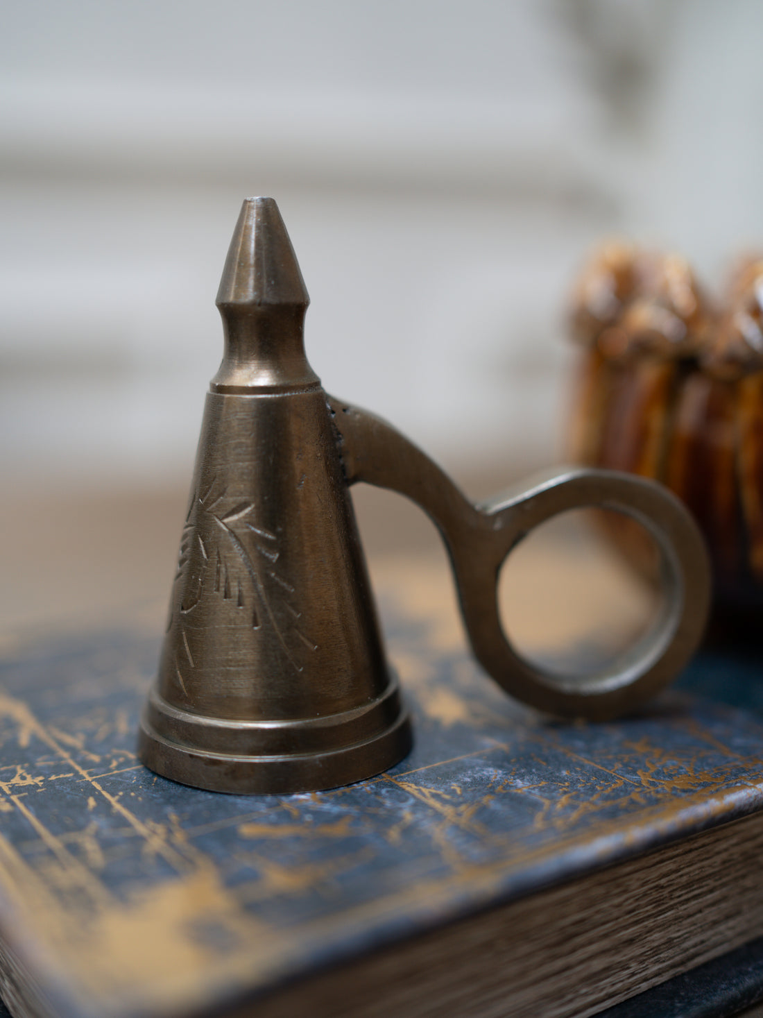 Floral Etched Antique Brass Candle Snuffer