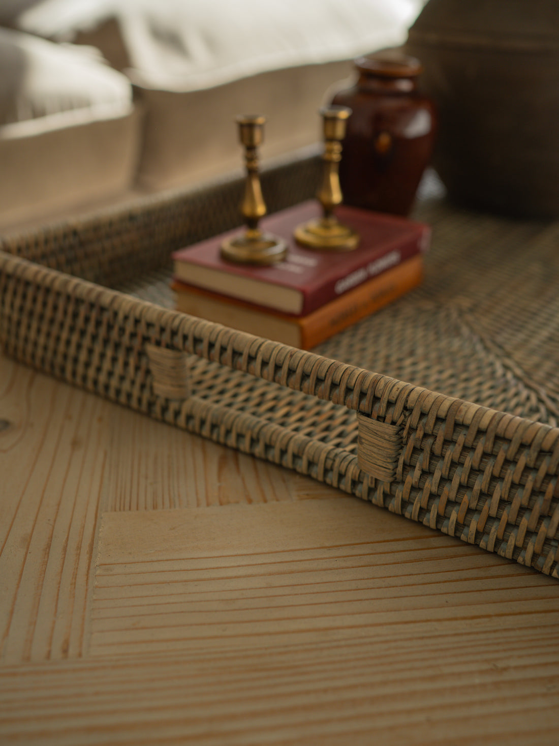Grey Washed Rattan Ottoman Tray