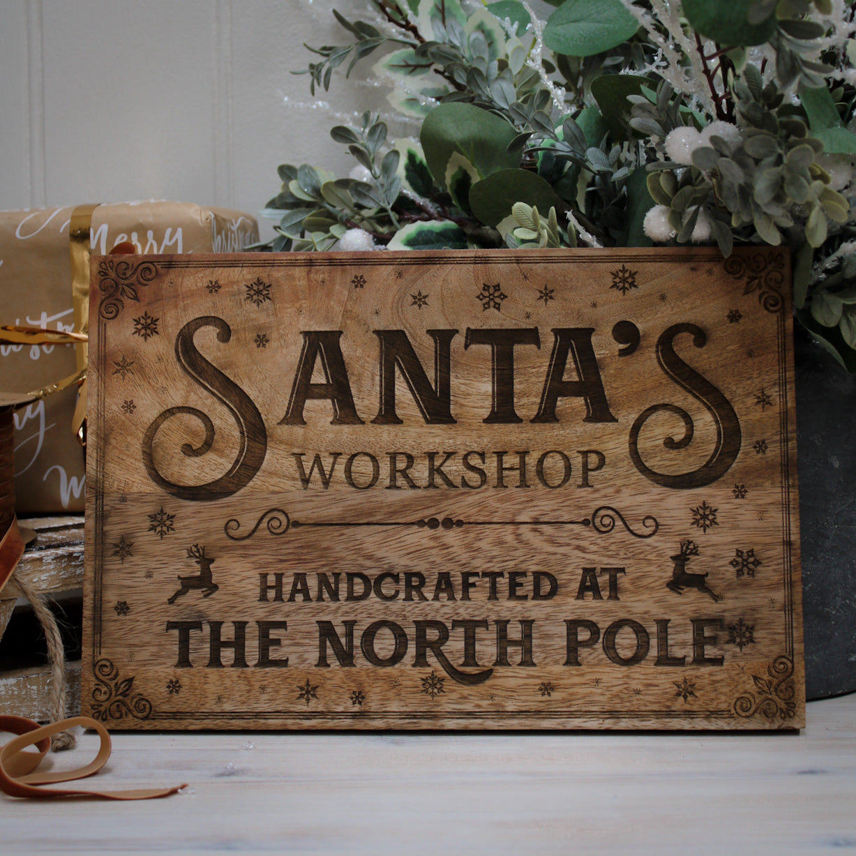 Santa's Workshop Etched Wooden Plaque