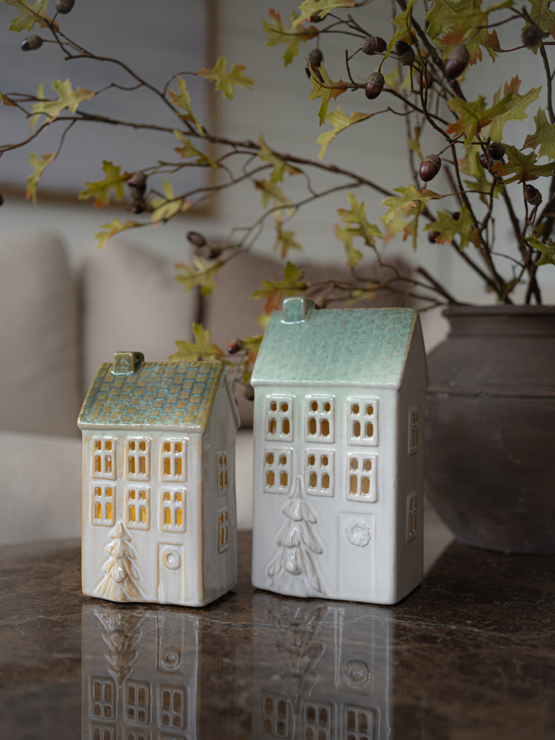 Pair of Porcelain LED Town Houses with Embossed Christmas Trees