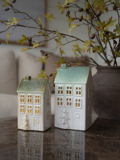 Pair of Porcelain LED Town Houses with Embossed Christmas Trees