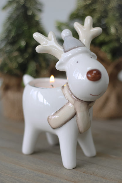 Grey and White Ceramic Reindeer Tea Light Holder