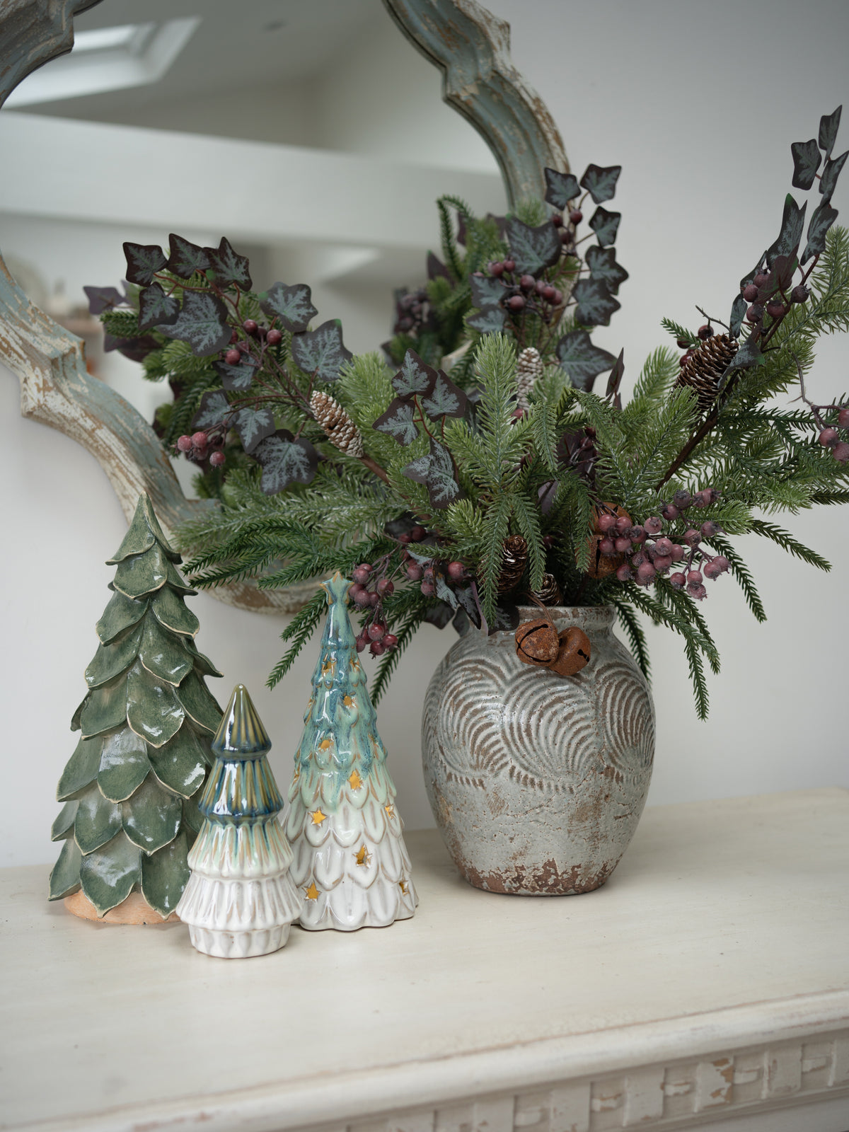 Ceramic Green Trees and Winter Branches Christmas Styling Bundle