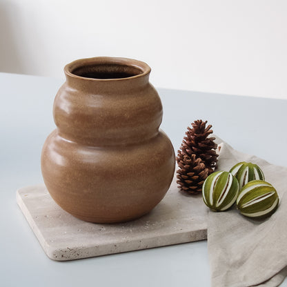 brown vase on kitchen worktop with dried fruits and pine cones