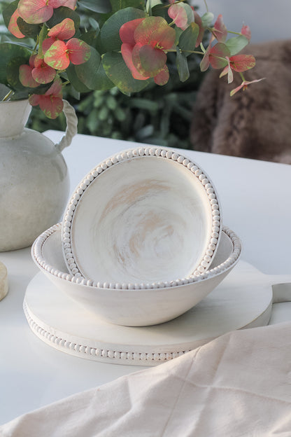 White Rustic Beaded Wooden Bowls