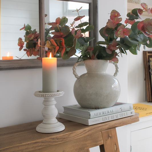 Rustic White Wooden Beaded Pillar Candle Holder
