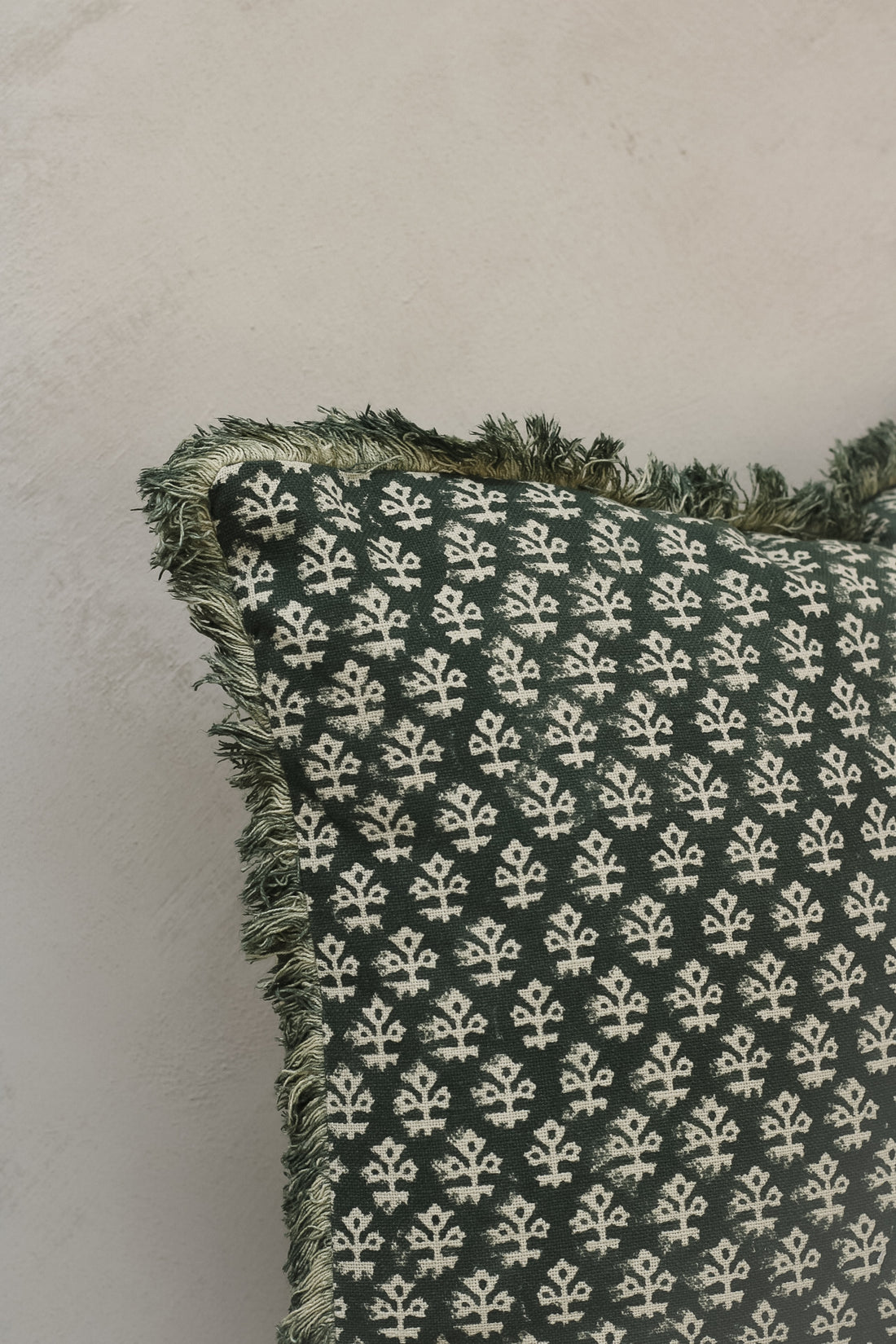 Hunter Green Block Print Fringed Cushion