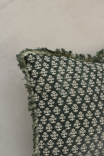 Hunter Green Block Print Fringed Cushion
