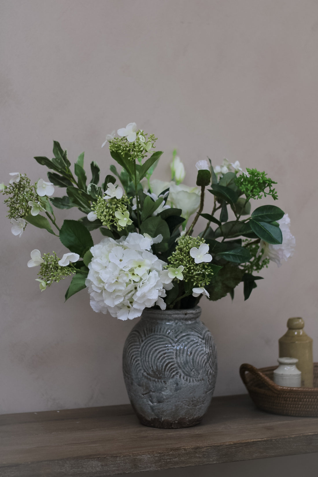 Faux White Woven Garden Floral Arrangement